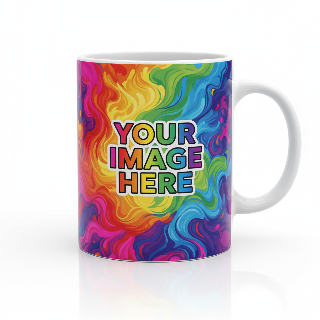 a 15 oz sublimation mug that has a colorful image on it that says your image here