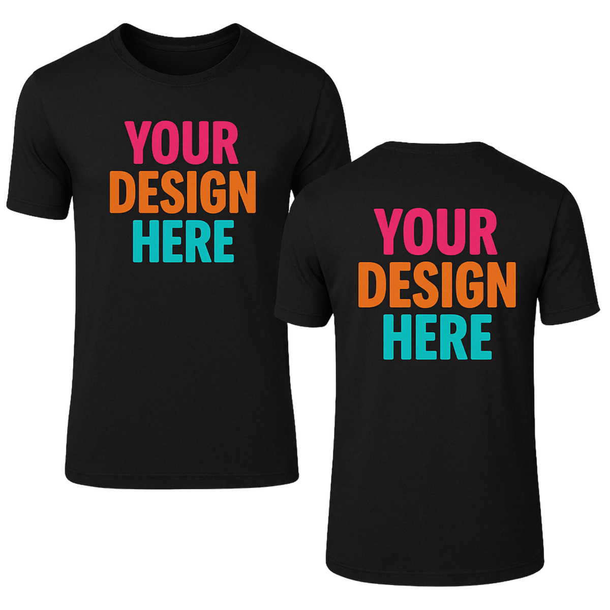 Black custom shirt mockup shown from the front and back with Your Design Here artwork